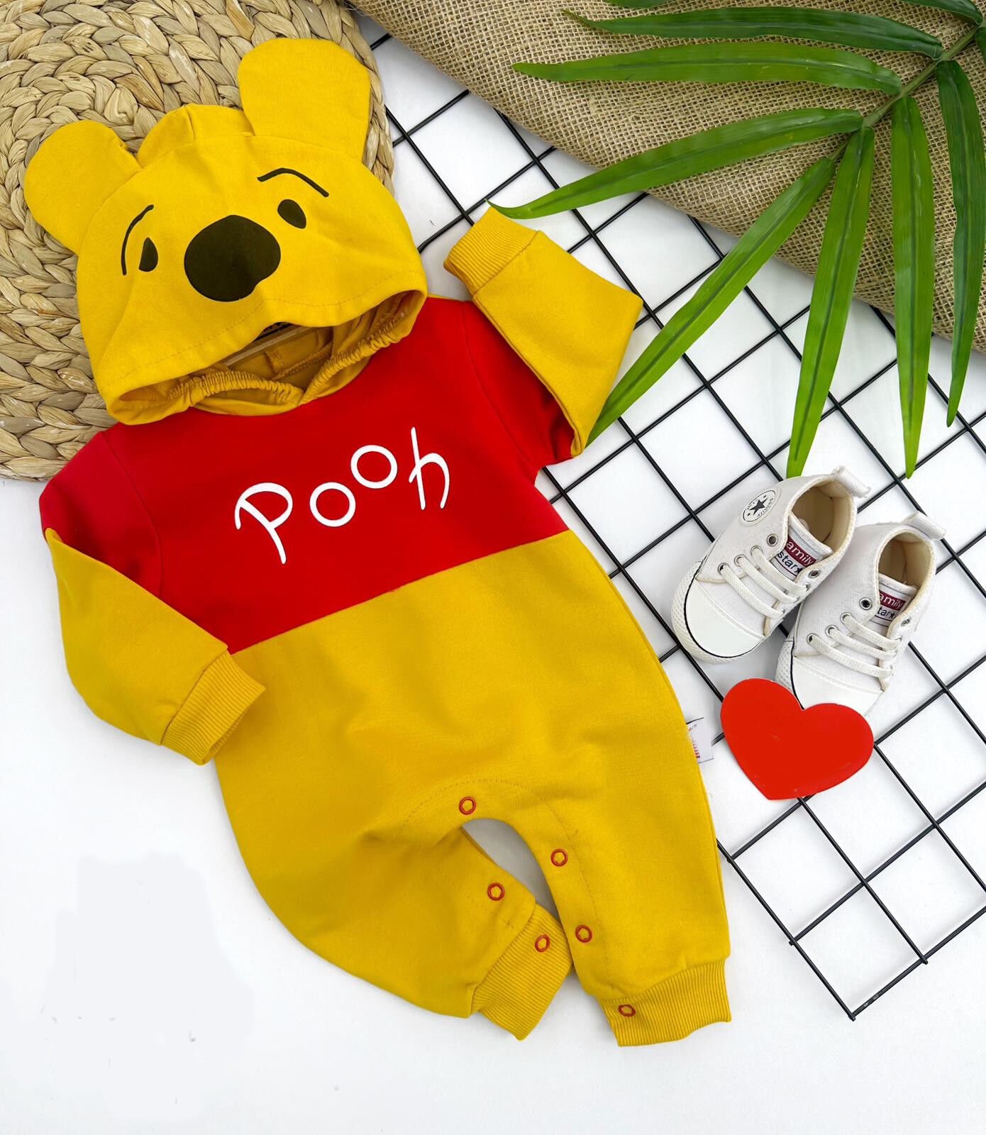 3-6-9-12 Ay Pooh Baskılı Ve Kapşonlu Kız Erkek Bebek Tulumu