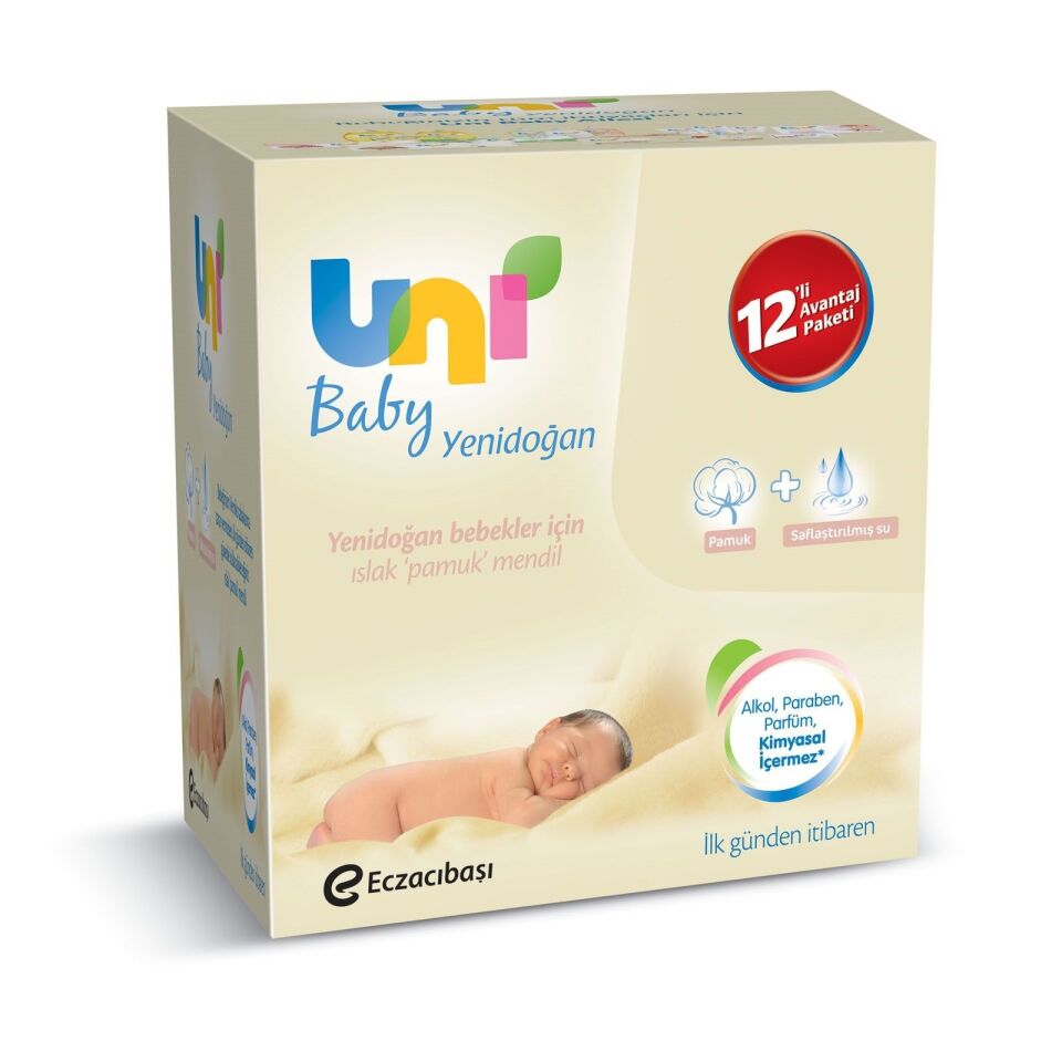 Uni Baby Islak Pamuk Mendil Yeni Doğan -Cotton Natural- 12 li paket (480 adet) 08692190300620