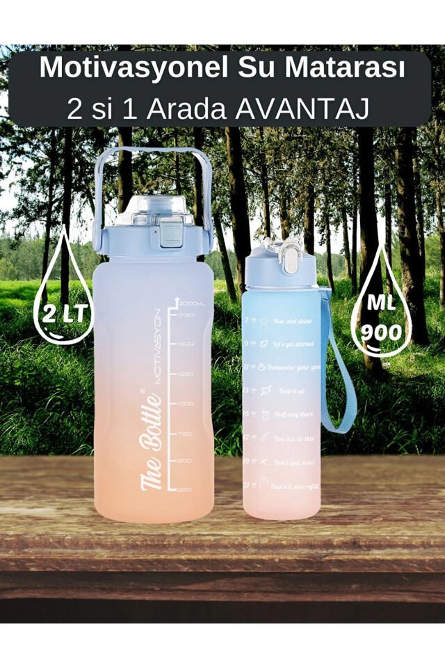 Motivasyon Su Matarası 2 Litre + 900 Ml Pipetli Sticker Hediyeli