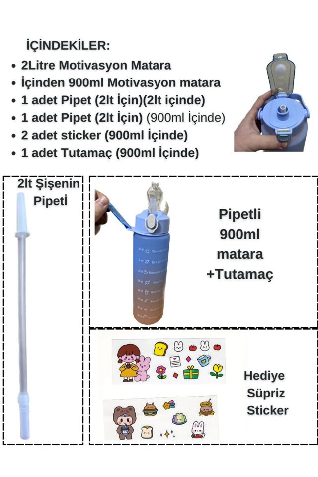 Motivasyon Su Matarası 2 Litre + 900 Ml Pipetli Sticker Hediyeli