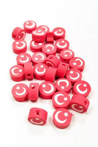 30 Adet 10 mm Polimer Kil Fimo Boncuk Takı Bileklik + 1 Metre Lastikli Misina Hediye - Türk Bayrağı