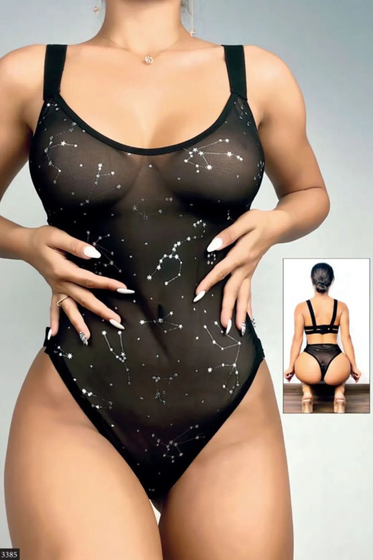 Night Light Kadın Siyah Yıldız Detaylı Fantazi Body 3385