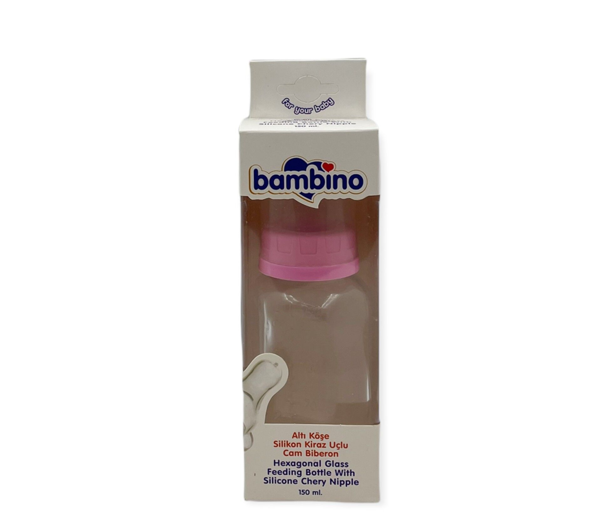 Bambino Altı Köşe Silikon Kiraz Uçlu Cam Biberon 150ml - Pembe