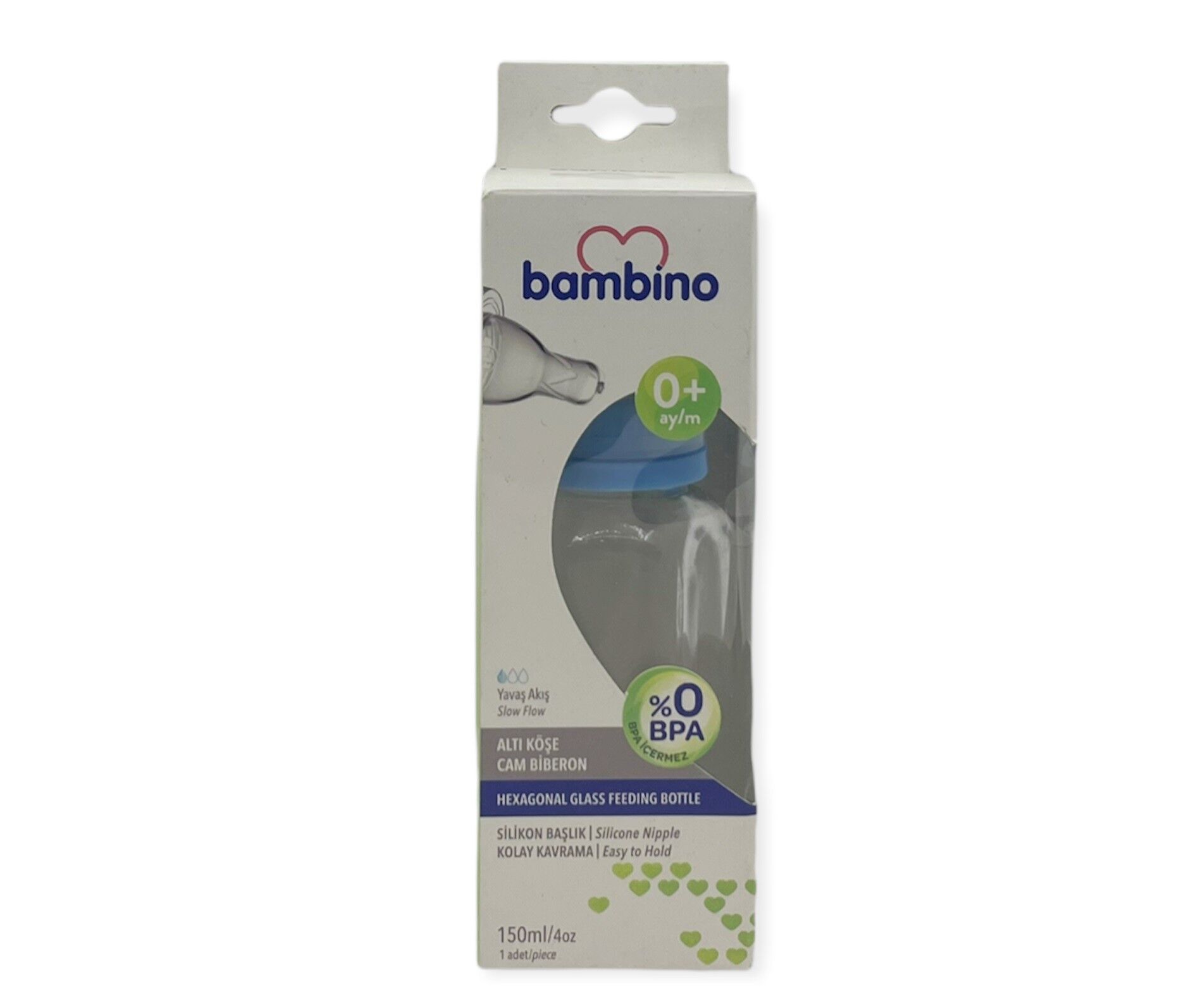 Bambino Altı Köşe Cam Biberon 150 ml - Mavi