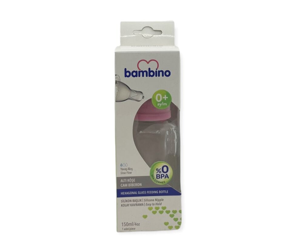 Bambino Altı Köşe Cam Biberon 150 ml - Pembe