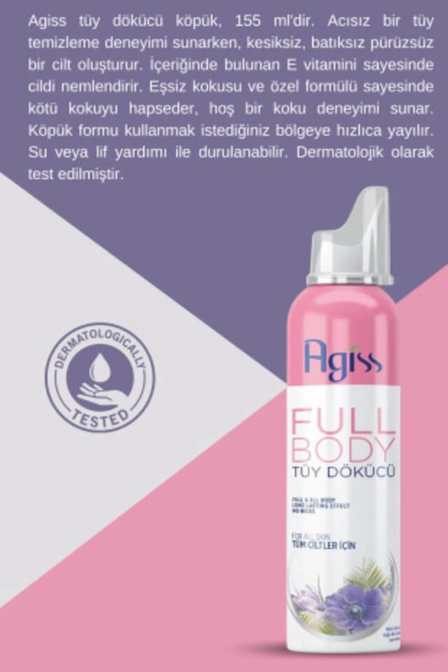 AGISS Full Body Tüm Vücut Tüy Dökücü, Tüy Azaltıcı Ve Tüy Geciktirici Köpük Tüy Dökücü Sprey 155ml