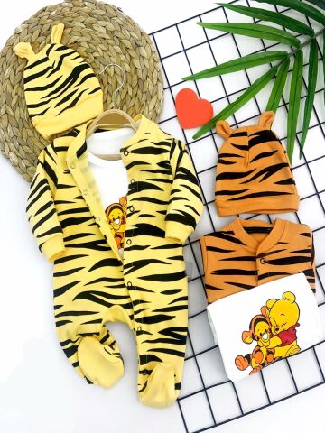 3-6-9-12 Ay Pooh Desenli Zebra Çizgili Şapkalı Sweatli 3lü Kız Erkek Bebek Tulumu (turuncu)