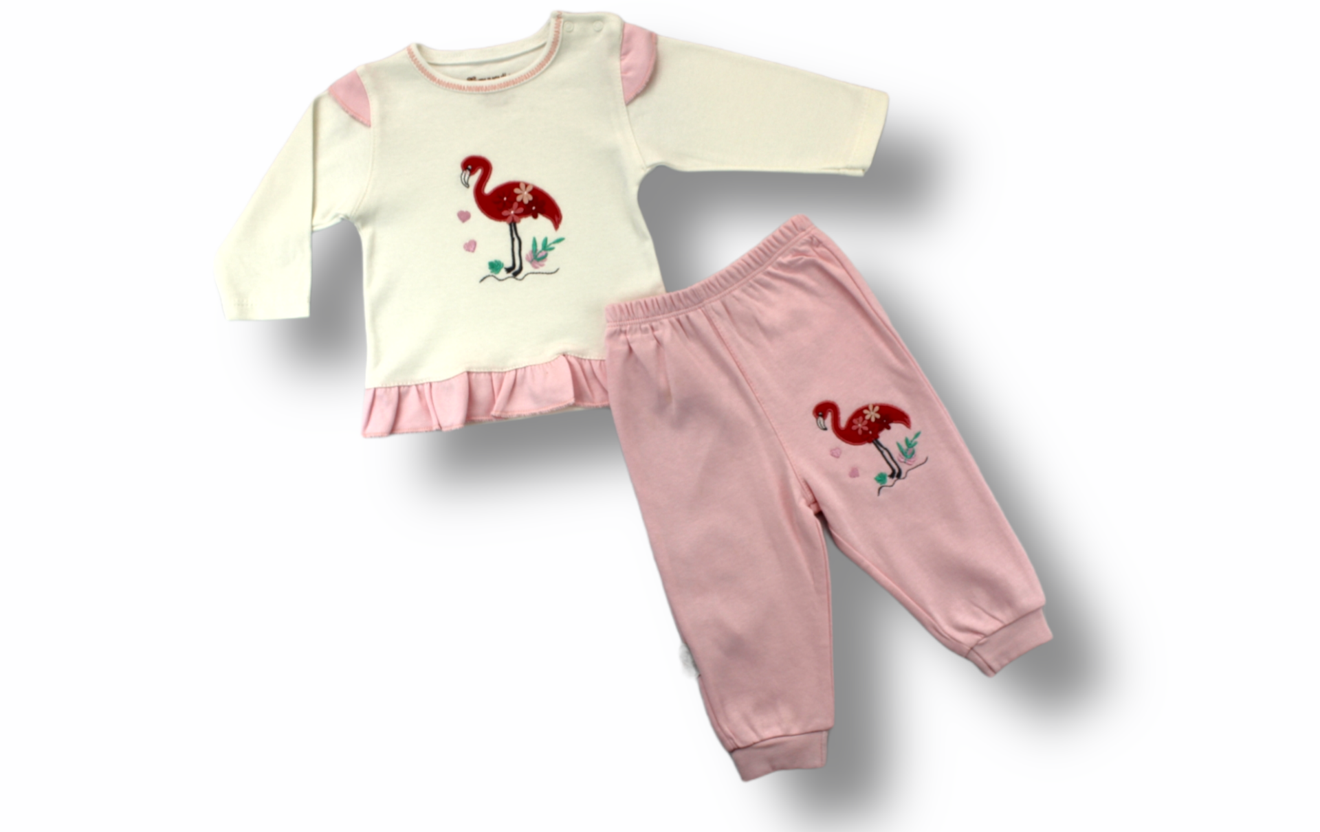 3-6 6-9 9-12 Ay Flamingo Nakışlı Uzun Kollu Sweatli 2li Kız Bebek Takımı