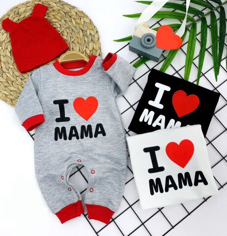 3-6-9-12 Ay Kulaklı Şapka I Love Mama Baskılı Kız Erkek Bebek Tulum