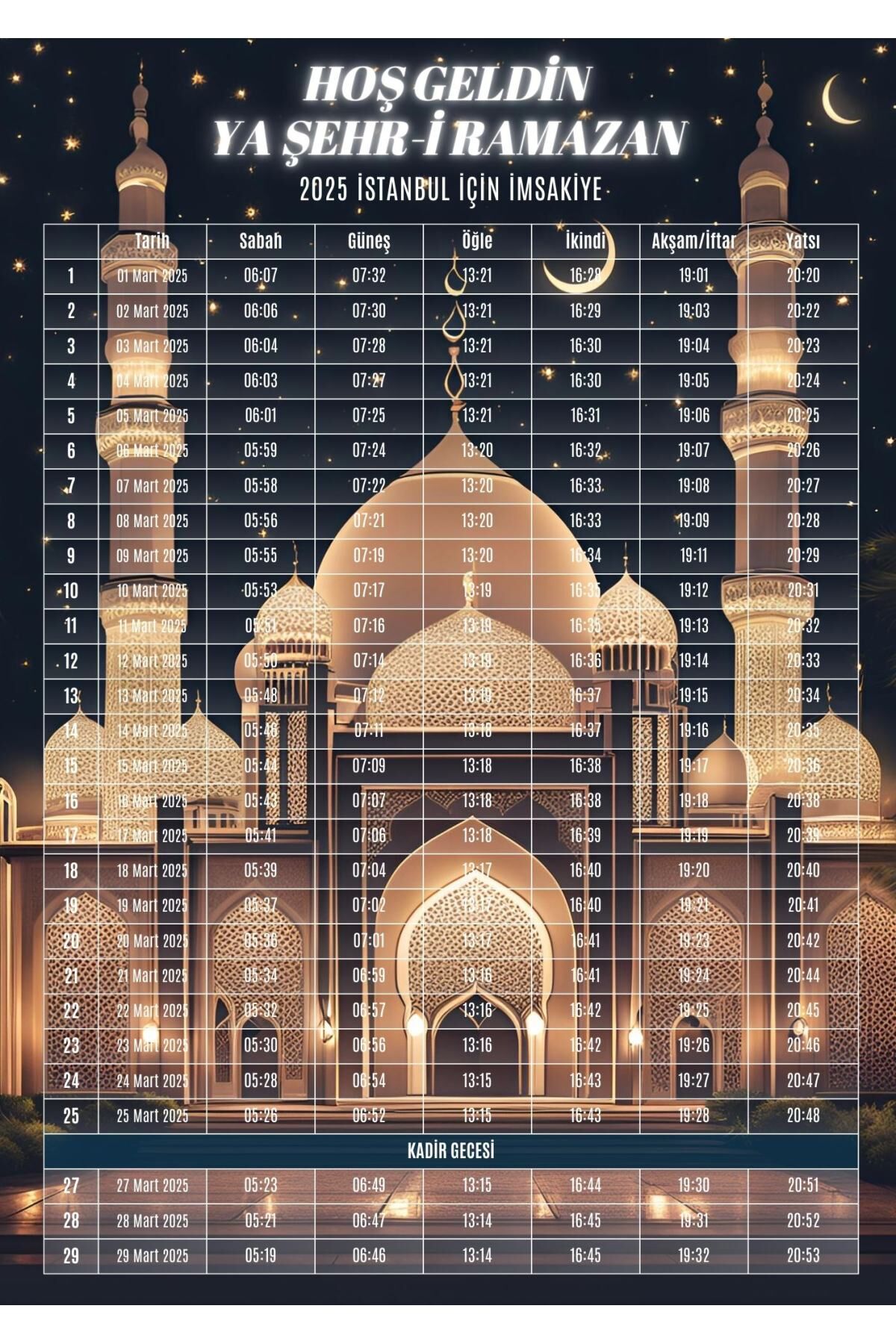 Ramazan İmsakiyesi Modern Kişiye Özel Tasarımlı Dijital Baskı 1000 Adet A4 300 gr Model 16