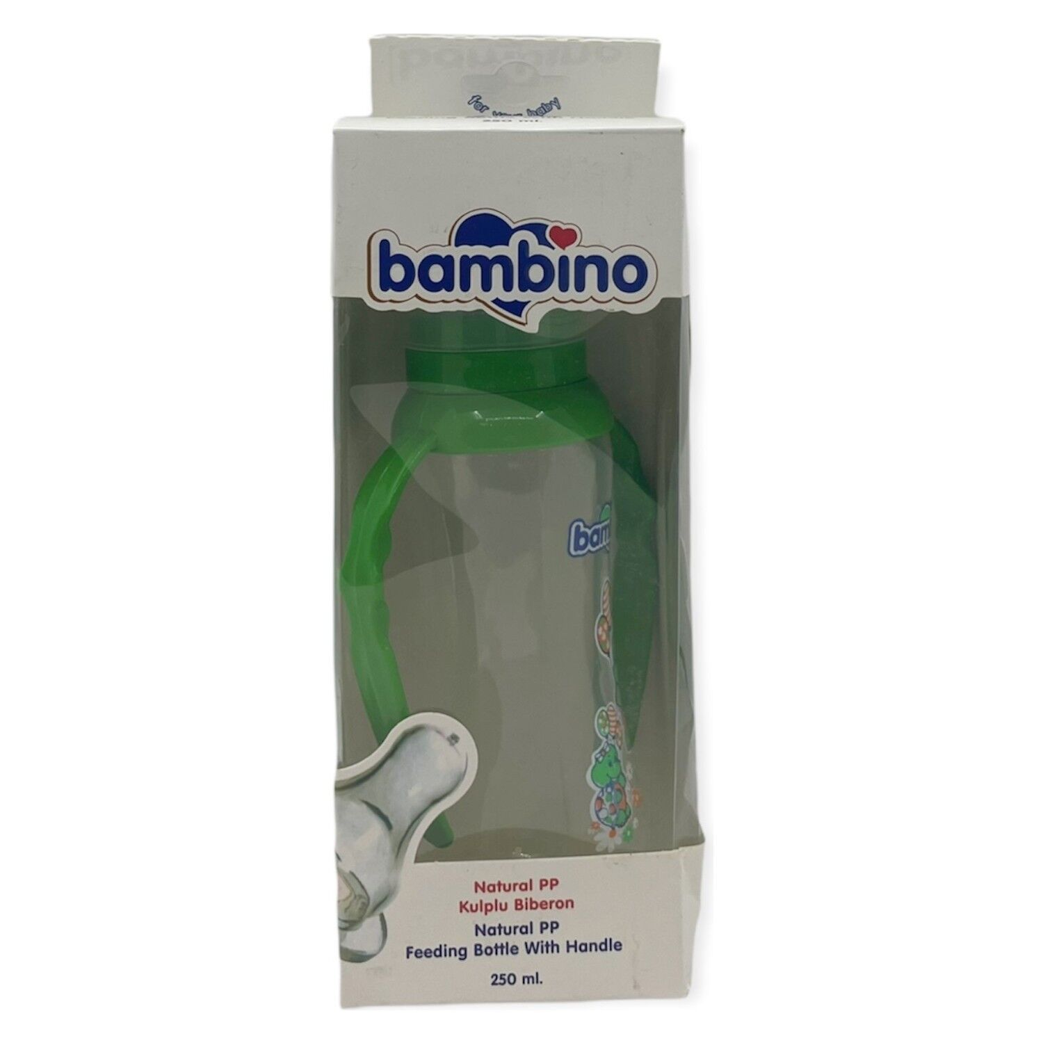 Bambino Natural PP Kulplu Biberon 250 ml - Yeşil