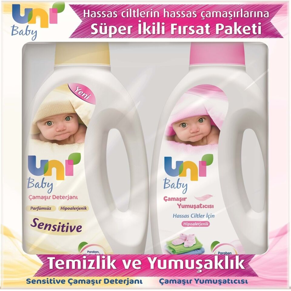 Uni Baby Sensitive Bebek Çamaşır Deterjanı 1500 ml + Bebek Çamaşır Yumuşatıcısı 1500 ml